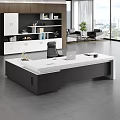 Modern Office Desk With White Top Black Frame Laptop And Office Supplies In Spacious Office With Green Plant