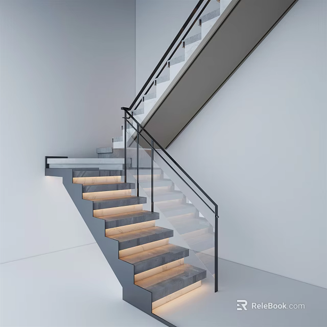 Modern Staircase Design With Wooden Steps And Glass Handrail In Bright Indoor Space 3d model 