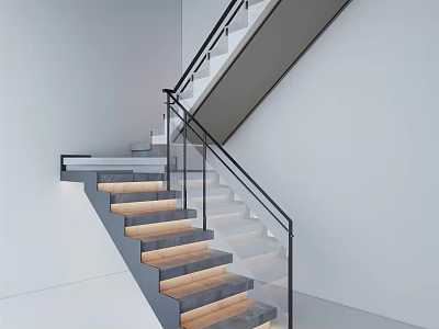 Modern Staircase Design With Wooden Steps And Glass Handrail In Bright Indoor Space 3d model