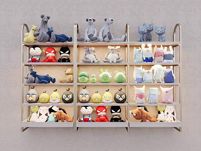 Multi Tiered Display Shelves Showcasing Colorful Plush Toys And Stuffed Animals 3d model
