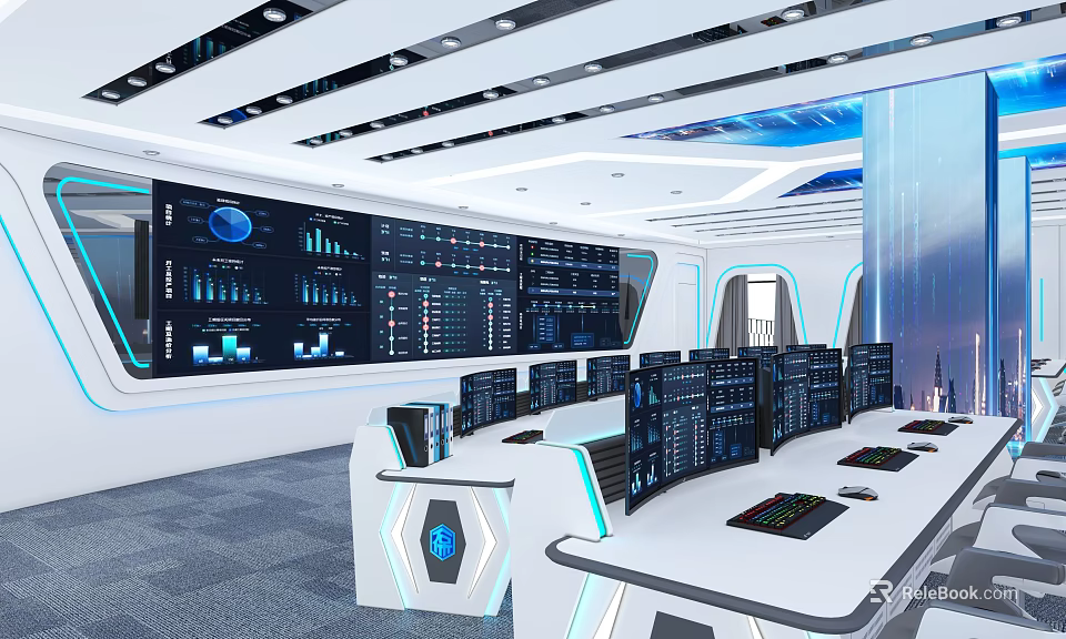 Modern High Tech Control Room Interior Design With Multiple Monitors Control Panels And Data Dashboards 3d model 