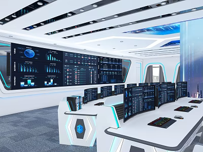 Modern High Tech Control Room Interior Design With Multiple Monitors Control Panels And Data Dashboards 3d model