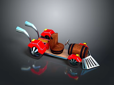 Red Cart Design With Wooden Barrel Seat Two Wheels And Metal Shovel 3d model