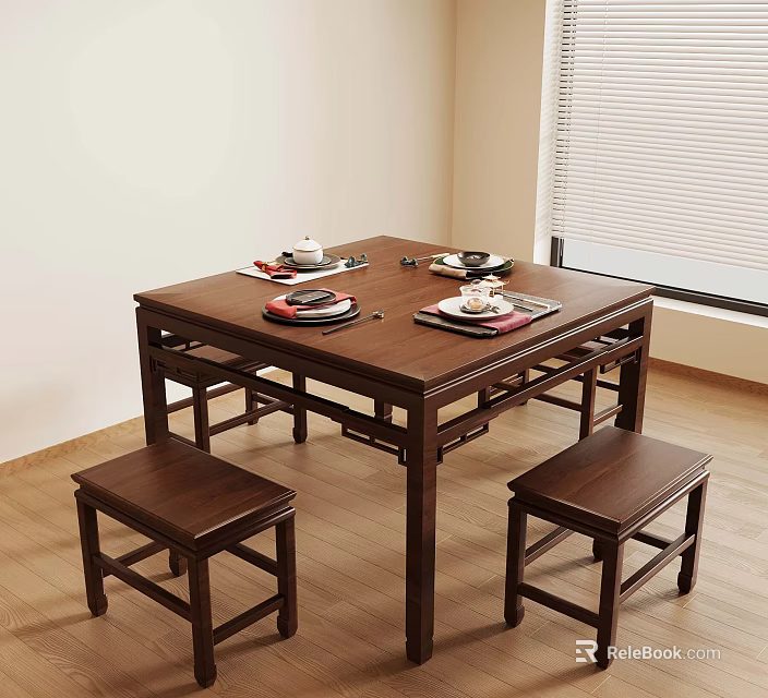 Traditional Chinese Wooden Dining Table With Stools Teacups And Tableware Setup 3d model