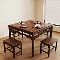 Traditional Chinese Wooden Dining Table With Stools Teacups And Tableware Setup 3d model