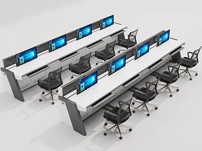 Modern Functional Desk with Multiple Monitors and Office Chairs Arranged in Rows 3d model