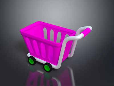Pink Shopping Cart With Green Wheels White Handle And Reflective Surface 3d model
