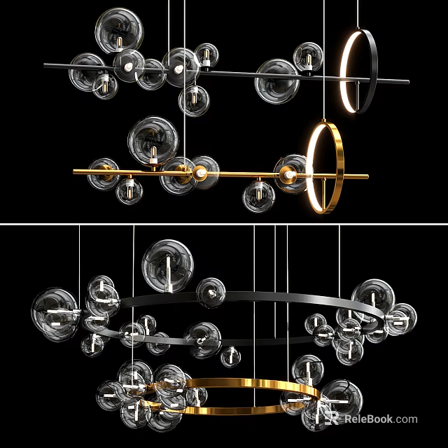 Modern Chandelier Design With Glass Globes And Gold Black Metal Rings 3d model 