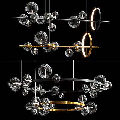 Modern Chandelier Design With Glass Globes And Gold Black Metal Rings 3d model