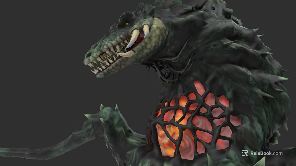 Reptile Monster With Green Skin Spikes Sharp Teeth And Glowing Red Abdomen 3d model 