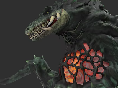 Reptile Monster With Green Skin Spikes Sharp Teeth And Glowing Red Abdomen 3d model