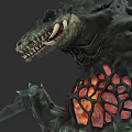 Reptile Monster With Green Skin Spikes Sharp Teeth And Glowing Red Abdomen