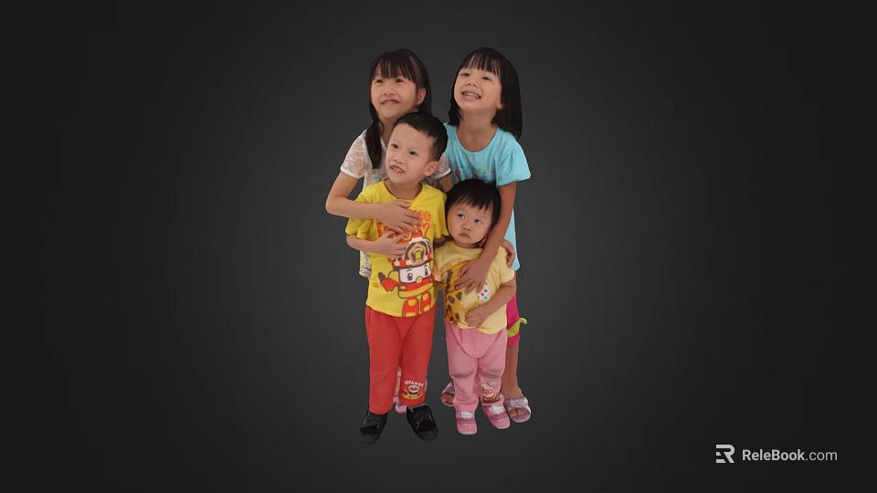 Happy Children Siblings Standing Together In Group Portrait With Smiles 3d model 