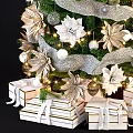 Festive Christmas Tree Decorated With White Flowers Gold Leaves Silver Ornaments And Gift Boxes