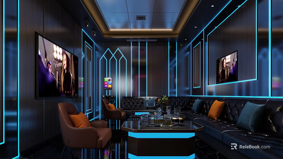 Modern KTV Interior Design With Large Screen TV Sofa Blue Lighting And Coffee Table 3d model 