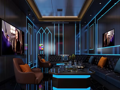 Modern KTV Interior Design With Large Screen TV Sofa Blue Lighting And Coffee Table 3d model