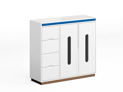 White Cabinet With Three Drawers Two Glass Doors Blue Trim And Brown Base 3d model