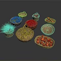 Colorful Fresh Assorted Fruits and Vegetables in Woven Baskets on White Surface