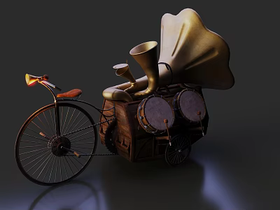 Vintage Electronic Phonograph Appliance Mounted On Classic Bicycle With Decorative Drums 3d model