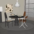 Modern Restaurant Dining Area With Round Black Table Stylish Chairs Abstract Painting And Pendant Light