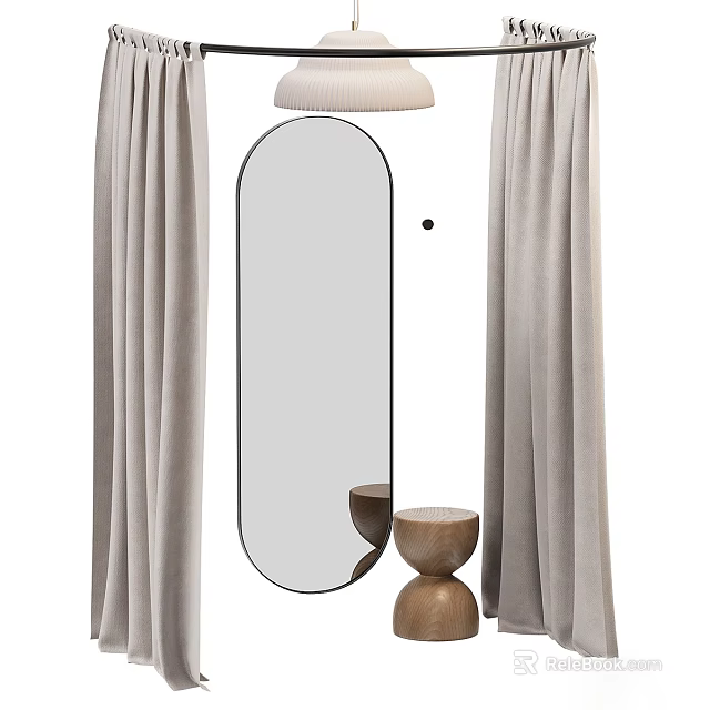 Soft Linen Bed Canopy In Neutral Tone With Decorative Mirror And Wooden Bowls 3d model 