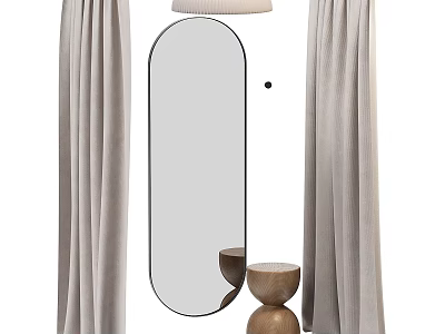 Soft Linen Bed Canopy In Neutral Tone With Decorative Mirror And Wooden Bowls 3d model