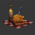 Cheese Slice on Wooden Cutting Board with Knife Wine Bottle on Red White Checkered Cloth
