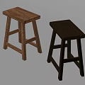 Two Wooden and Black Stools with Simple Square Seat and Cross Leg Design