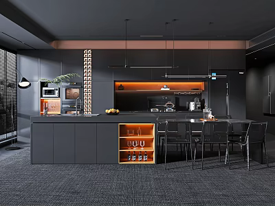 Modern Open Black Kitchen Interior With Island Hanging Pendants Gray Cabinets And Wine Storage 3d model
