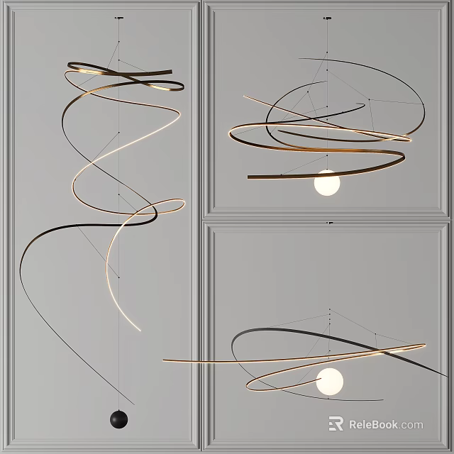 Modern Curved Spiral Pendant Light With Black Gold Lines And Round Bulb Design 3d model 