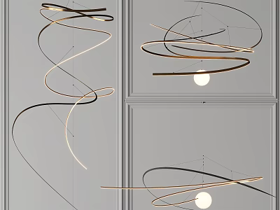 Modern Curved Spiral Pendant Light With Black Gold Lines And Round Bulb Design 3d model