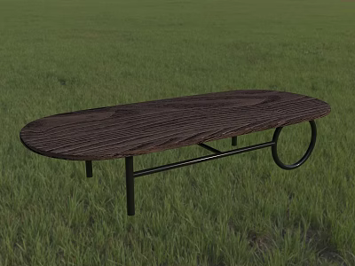Dark Brown Woven Oval Coffee Table With Black Curved Metal Legs In Grass 3d model