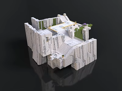 Detailed White Stone Building Featuring Layered Structure Steps And Green Plants 3d model