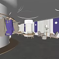 Modern Clothing Store Interior With White Purple Decor Hanging Clothes Sofas And Round Ceiling Lights