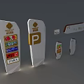 Modern Wayfinding Signage With Parking P Symbol Brand Logos And Direction Indicators