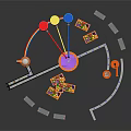 Vibrant Cartoon Factory Scene with Colorful Containers Orange Machinery and Purple Shelves