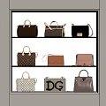 Luxury Bag Display With Various Styles Black Brown Checkerboard And DG Logo On Tiered Shelves