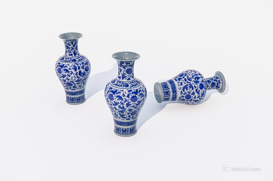 Blue and White Ceramic Vases With Traditional Patterns For Home Decoration 3d model