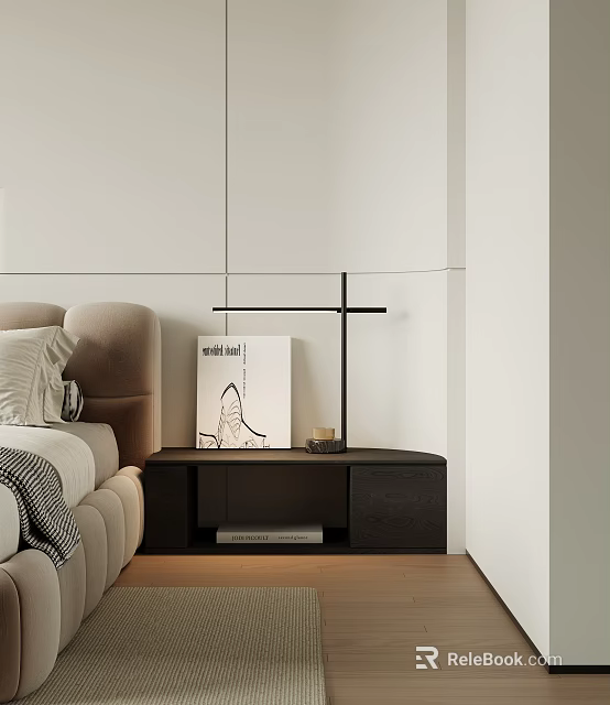 Dark colored Modern Minimalist Side Cabinet For Bedroom With Open Shelf Table Lamp And Books 3d model 