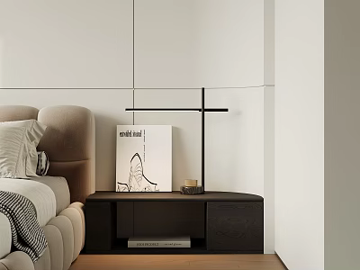 Dark colored Modern Minimalist Side Cabinet For Bedroom With Open Shelf Table Lamp And Books 3d model