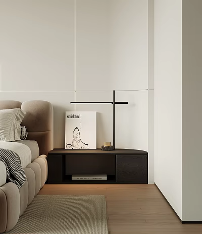 Dark colored Modern Minimalist Side Cabinet For Bedroom With Open Shelf Table Lamp And Books 3d model