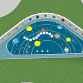 Outdoor Kids Play Area With Blue Playground Surrounded By Trees And Green Grass