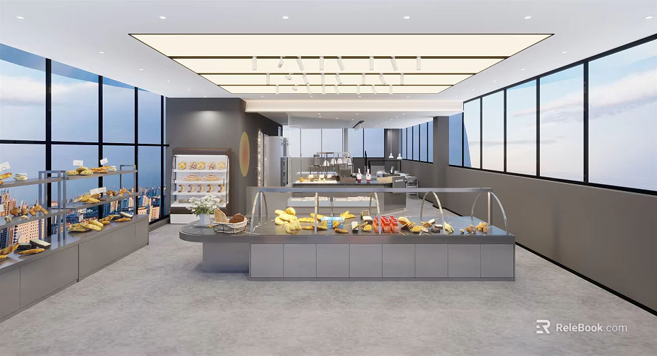 Modern Dessert Shop Interior With Bright Lighting Large Windows Glass Display Cases And Fresh Desserts 3d model 
