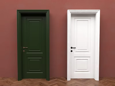 Green and White Hinged Doors on Red Wall with Herringbone Wooden Floor 3d model
