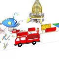 Diverse Playground Equipment Including Slides Climbing Nets Rocket Shaped Rides And Fire Truck Toys