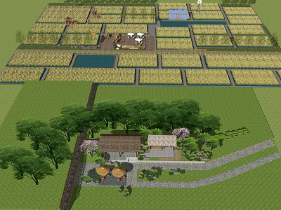 Rural Landscape With Neat Fields Water Ponds Traditional Cottages Green Trees And Winding Paths 3d model