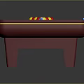 Red Frame Green Felt Billiard Table With White Cue Ball Cues And Colored Balls Triangle