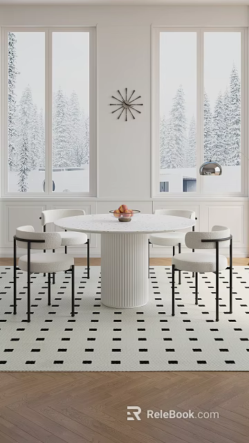 Modern Round Marble Table With White Chairs Black Armrests And Snowy Window View 3d model 