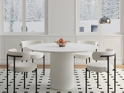 Modern Round Marble Table With White Chairs Black Armrests And Snowy Window View 3d model