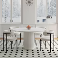 Modern Round Marble Table With White Chairs Black Armrests And Snowy Window View